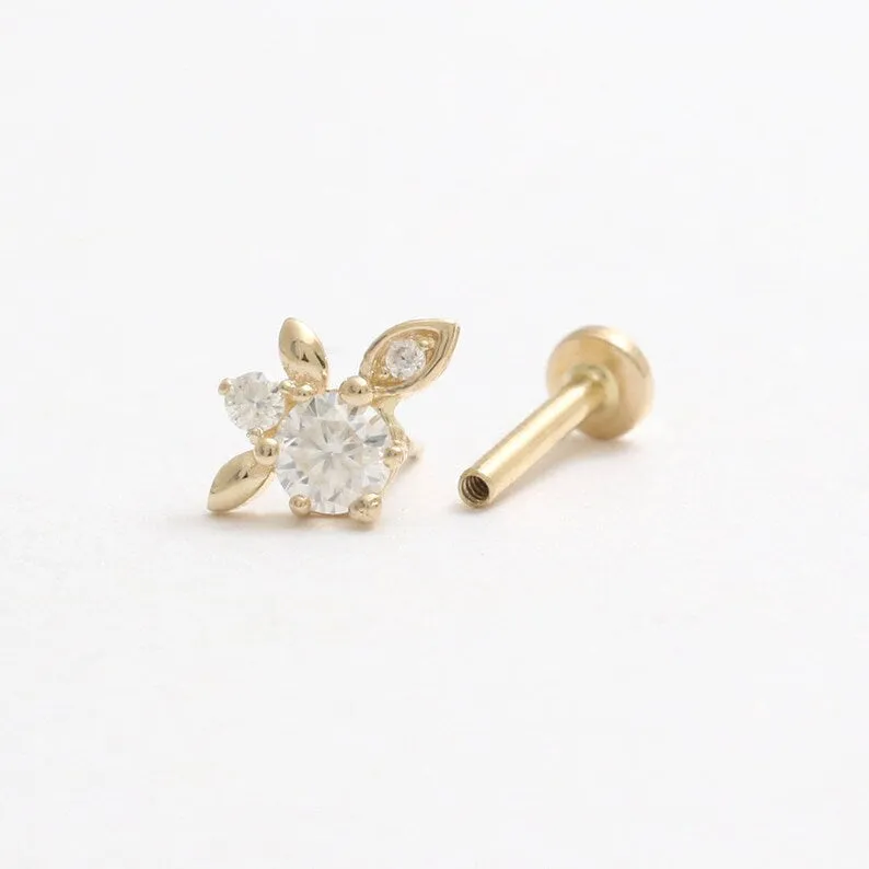 14K Real Gold CZ, Moissanite Genuine Diamond Elf Leaf Helix Cartilage Tragus Inner Conch Internally Threaded Flat Back Earring L