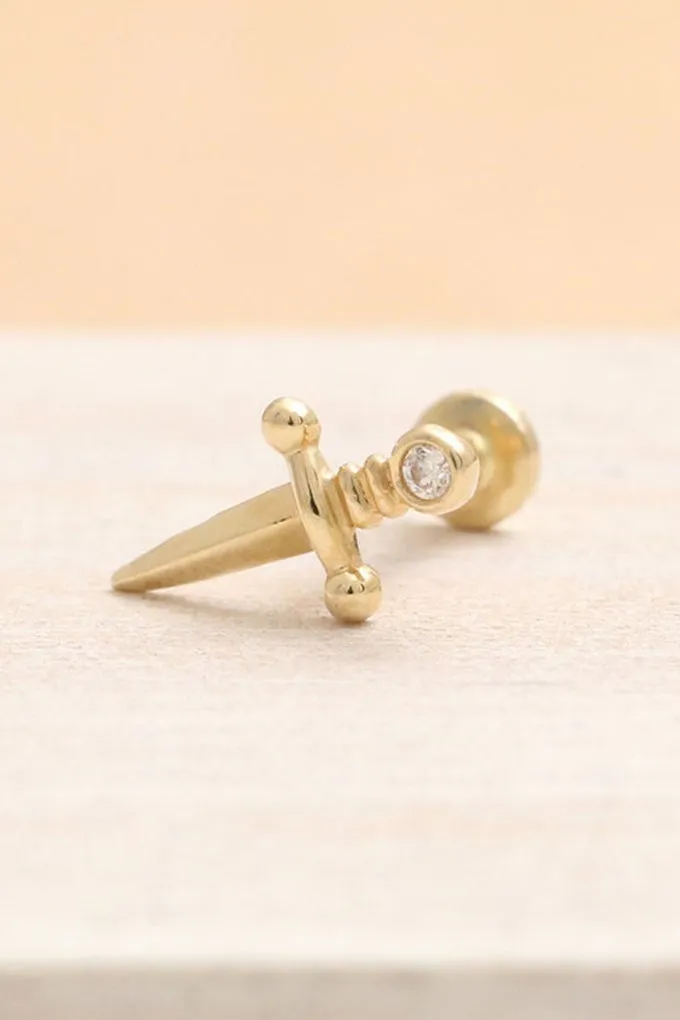 14K Real Gold CZ, Moissanite or Diamond Bezel Sword Helix Cartilage Tragus Inner Conch Internally Threaded Flat Back Earring Lab