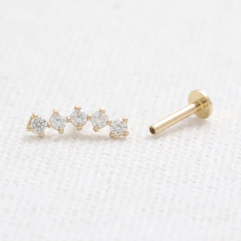 14K Real Gold CZ, Moissanite or Diamond Curved Stick Helix Cartilage Tragus Inner Conch Internally Threaded Flat Back Earring La