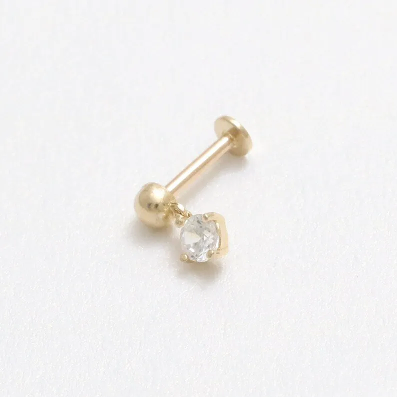 14K Real Gold CZ, Moissanite or Diamond Dangling  Helix Cartilage Tragus Inner Conch Internally Threaded Flat Back Earring Labre