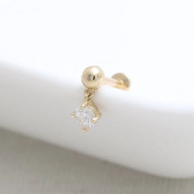 14K Real Gold CZ, Moissanite or Diamond Dangling  Helix Cartilage Tragus Inner Conch Internally Threaded Flat Back Earring Labre