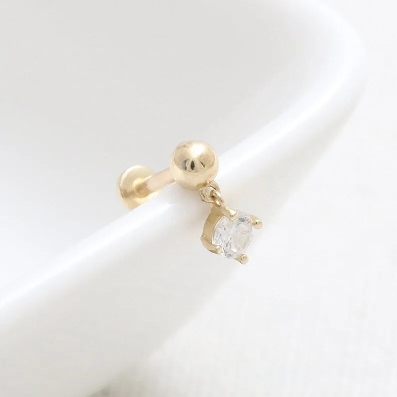 14K Real Gold CZ, Moissanite or Diamond Dangling  Helix Cartilage Tragus Inner Conch Internally Threaded Flat Back Earring Labre