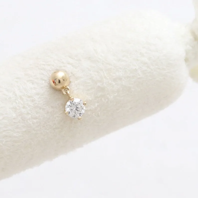 14K Real Gold CZ, Moissanite or Diamond Dangling  Helix Cartilage Tragus Inner Conch Internally Threaded Flat Back Earring Labre