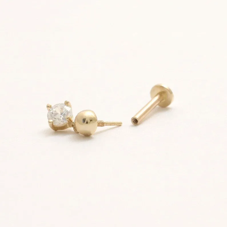 14K Real Gold CZ, Moissanite or Diamond Dangling  Helix Cartilage Tragus Inner Conch Internally Threaded Flat Back Earring Labre