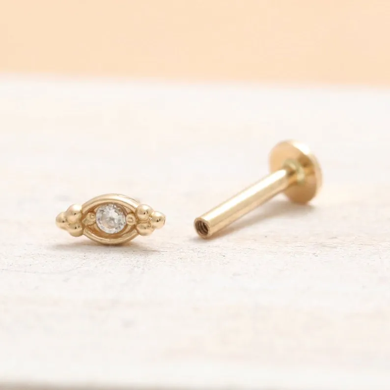 14K Real Gold CZ, Moissanite or Diamond Evil Eye  Helix Cartilage Tragus Inner Conch Internally Threaded Flat Back Earring Labre