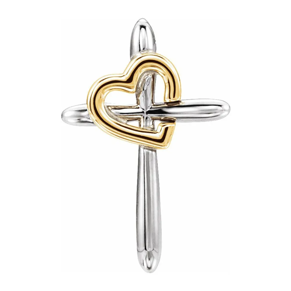 14K Two Tone, White or Yellow Gold Cross Heart Slide Pendant, 13x20mm