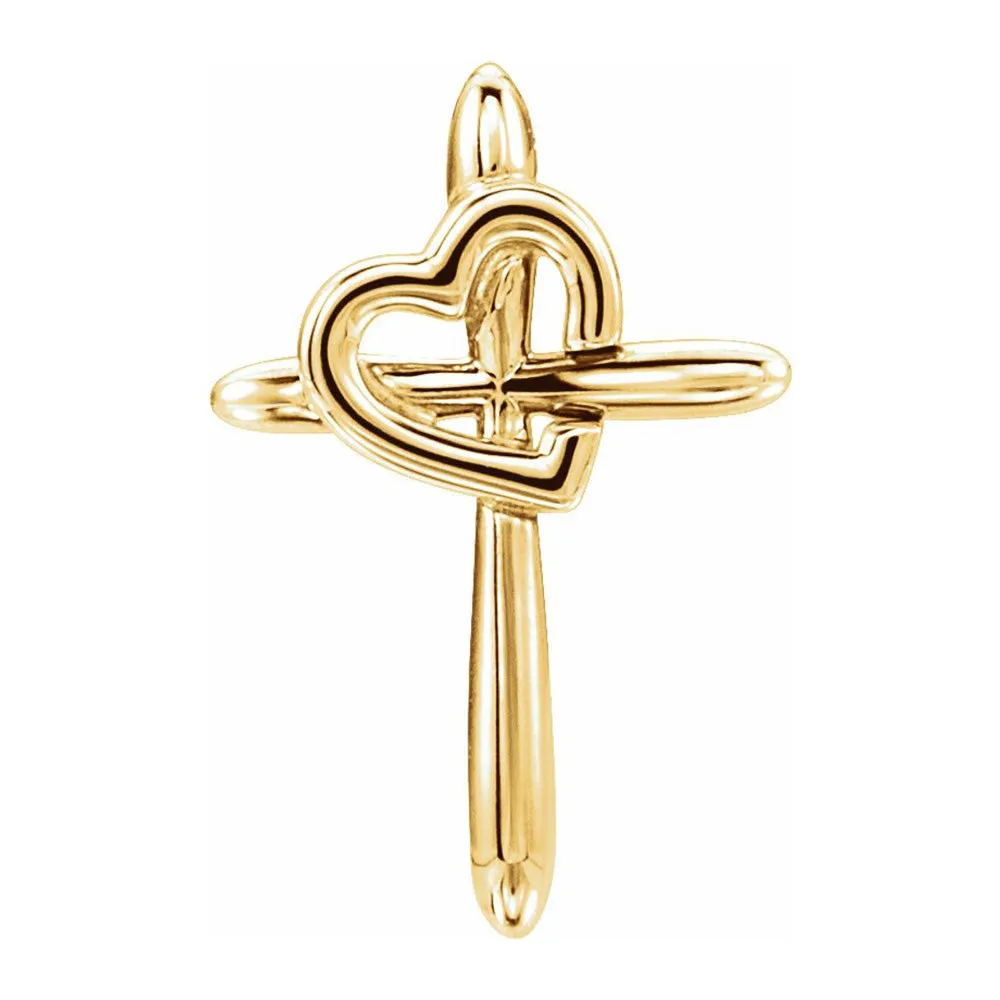 14K Two Tone, White or Yellow Gold Cross Heart Slide Pendant, 13x20mm