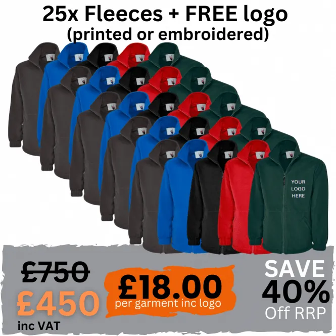 25 Pack Embroidered Workwear Fleeces with Company Logo - Printing or Embroidery