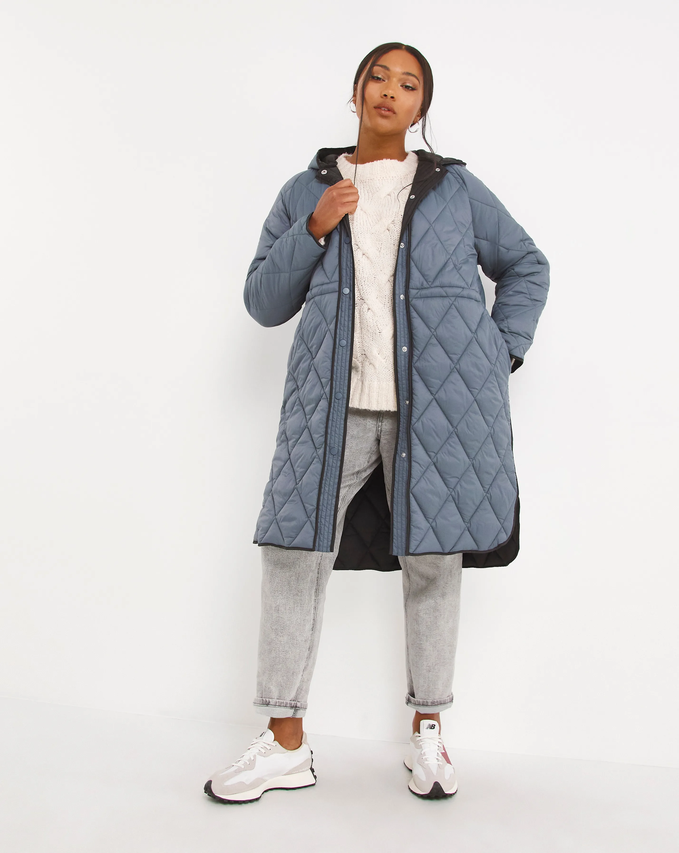 Adjustable Waist Quilted Coat Blue