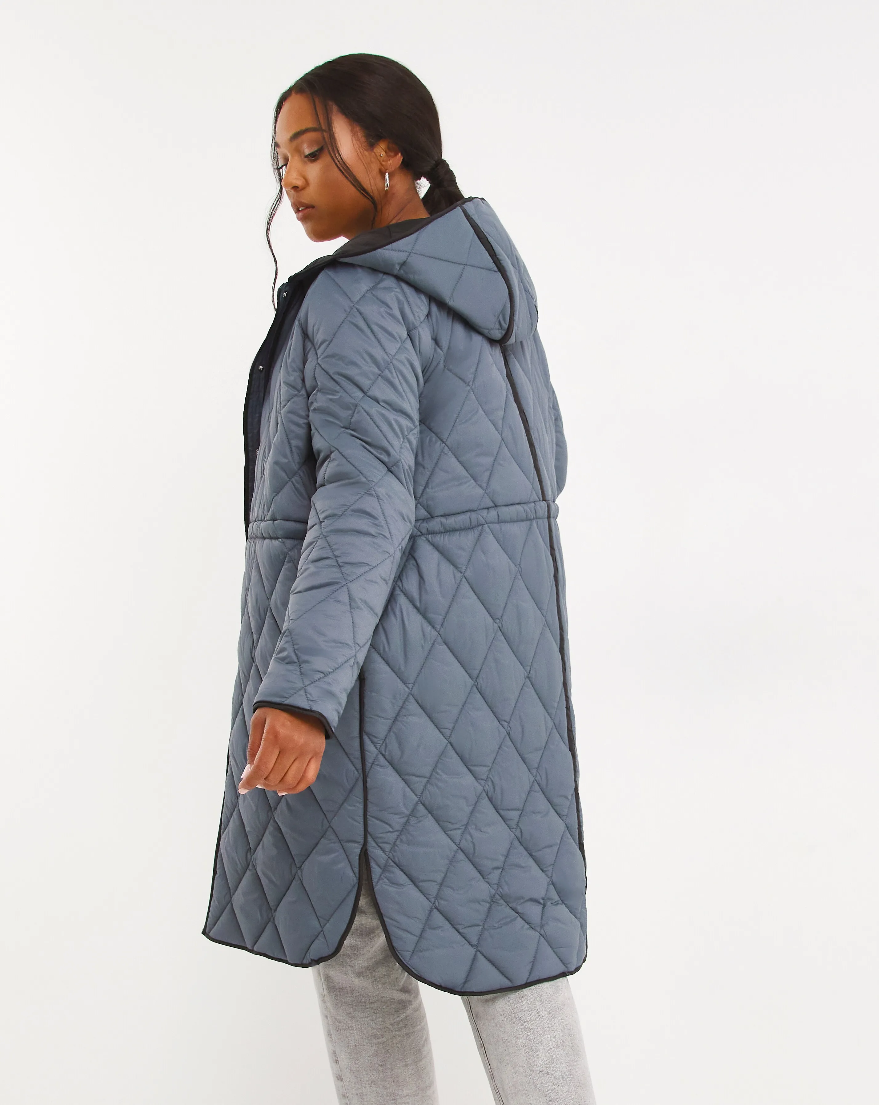 Adjustable Waist Quilted Coat Blue