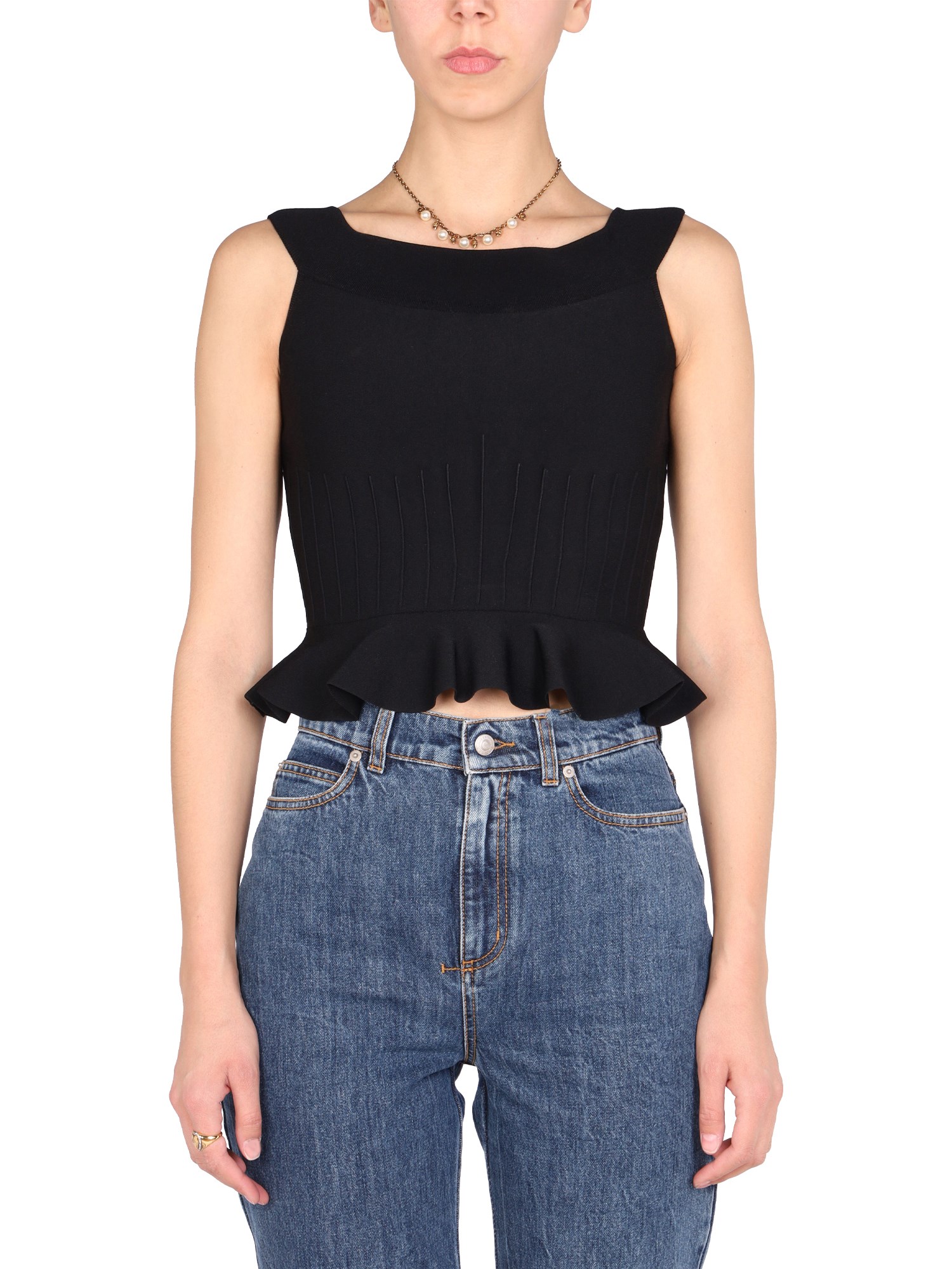 ALEXANDER McQUEEN RUFFLED VISCOSE KNIT TOP.