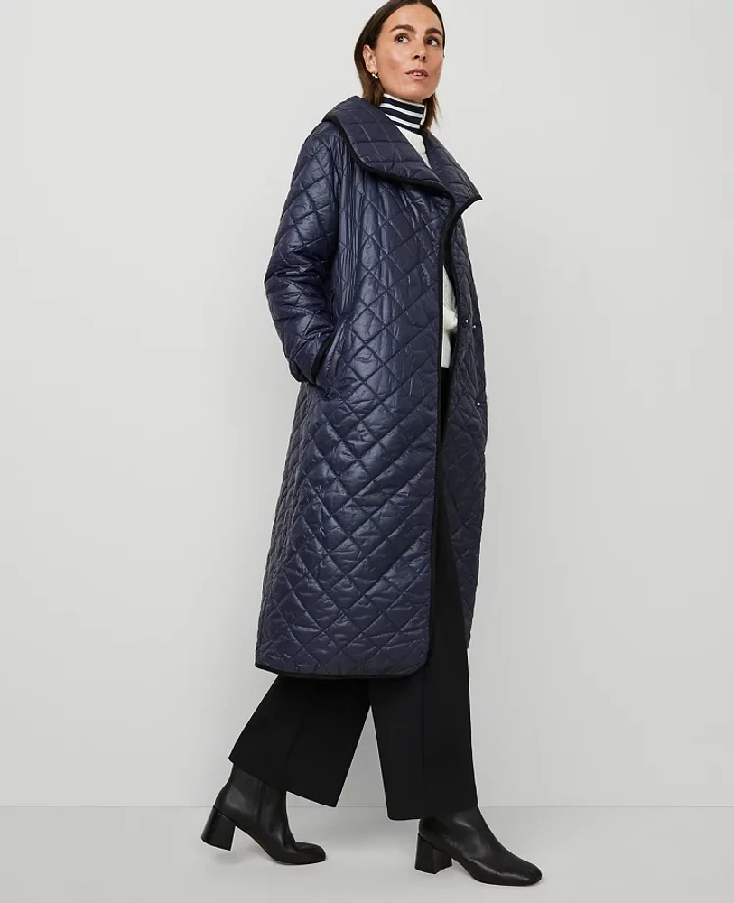 Ann Taylor Quilted Drape Collar Belted Puffer Coat Night Sky Women's