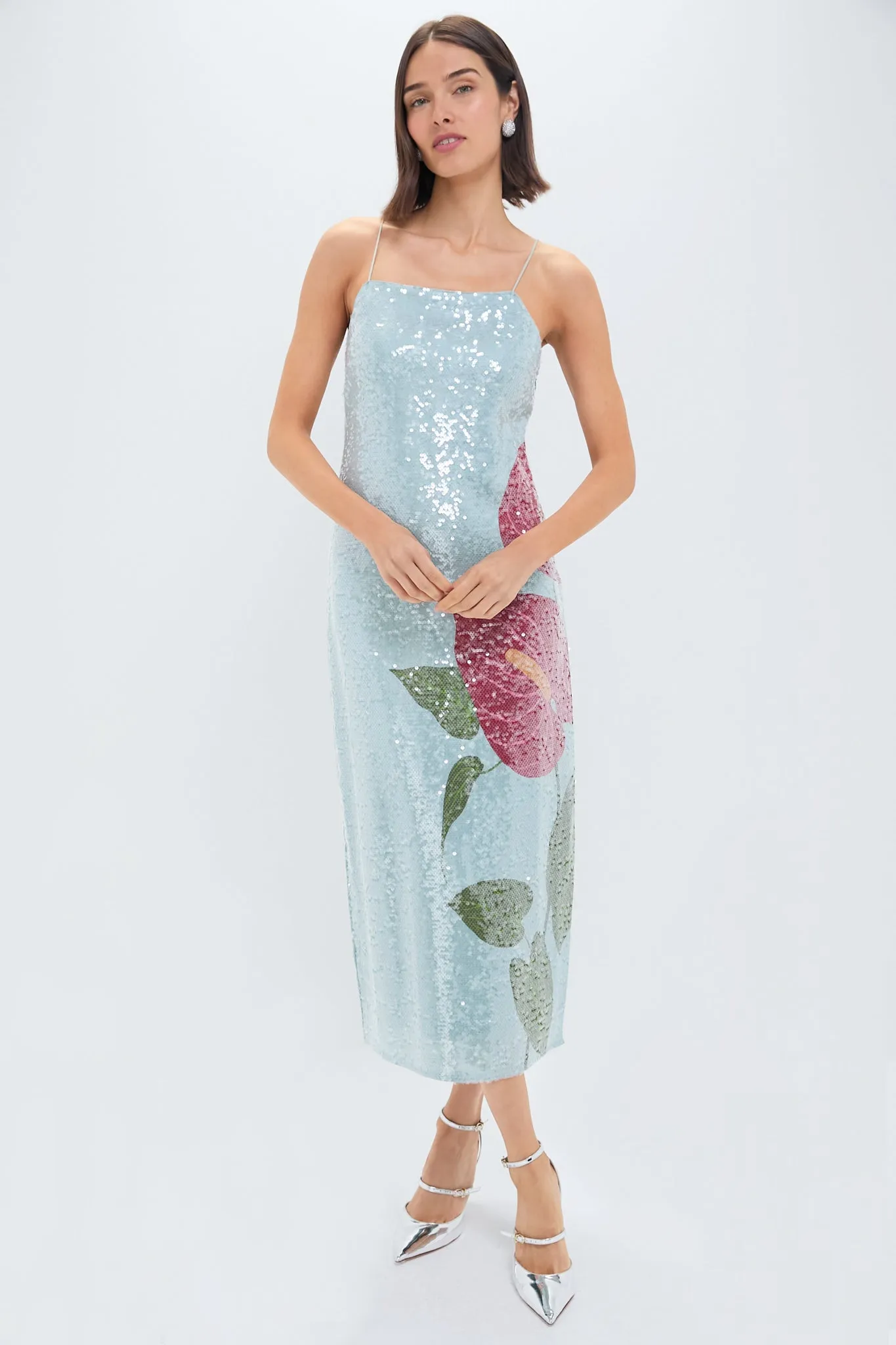 Anthurium Flowers Blue Slip Maxi Dress