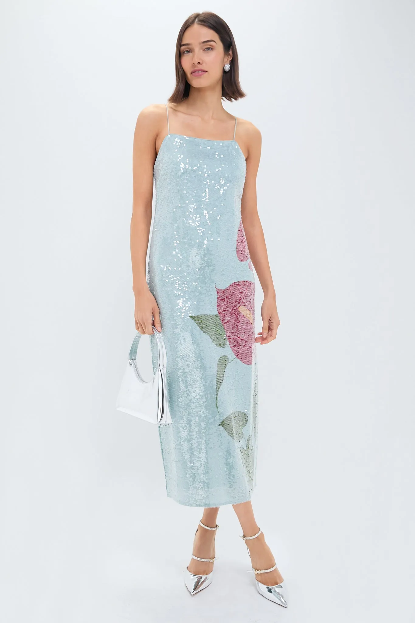 Anthurium Flowers Blue Slip Maxi Dress