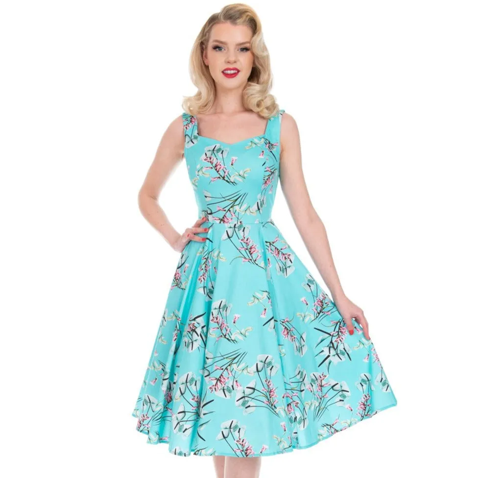 Vintage Floral Blossom Rockabilly Swing Dress in Azure Blue