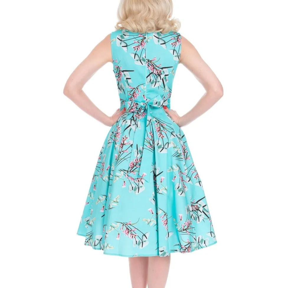 Vintage Floral Blossom Rockabilly Swing Dress in Azure Blue