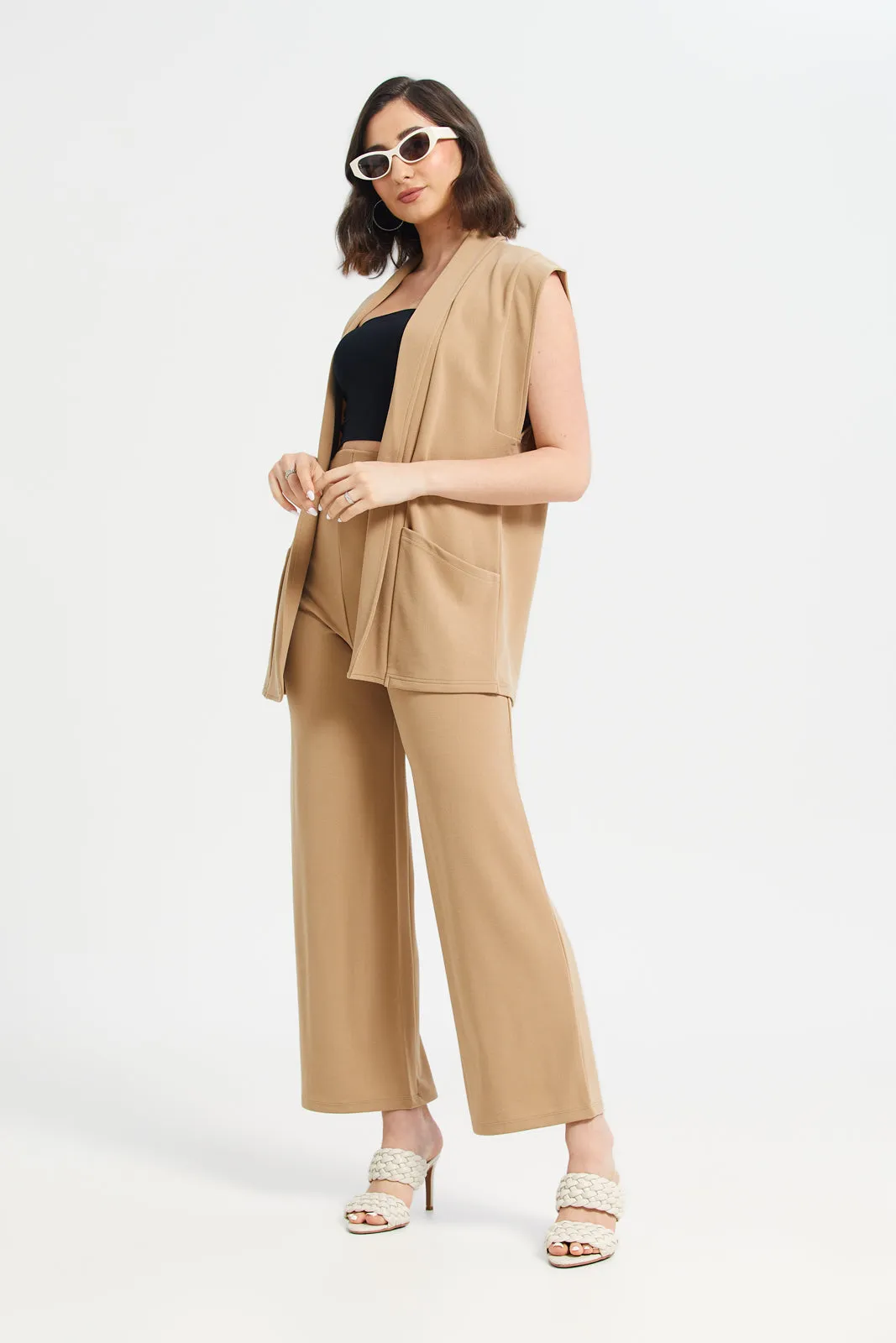 Beige Wide Leg Pin Tuck Detail Trousers