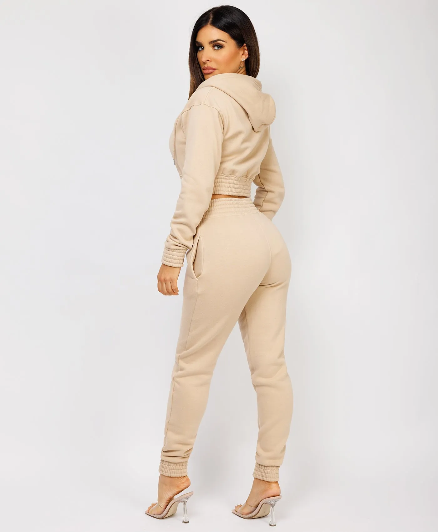 Beige Zipped Cropped Hooded Tracksuit Loungewear Set