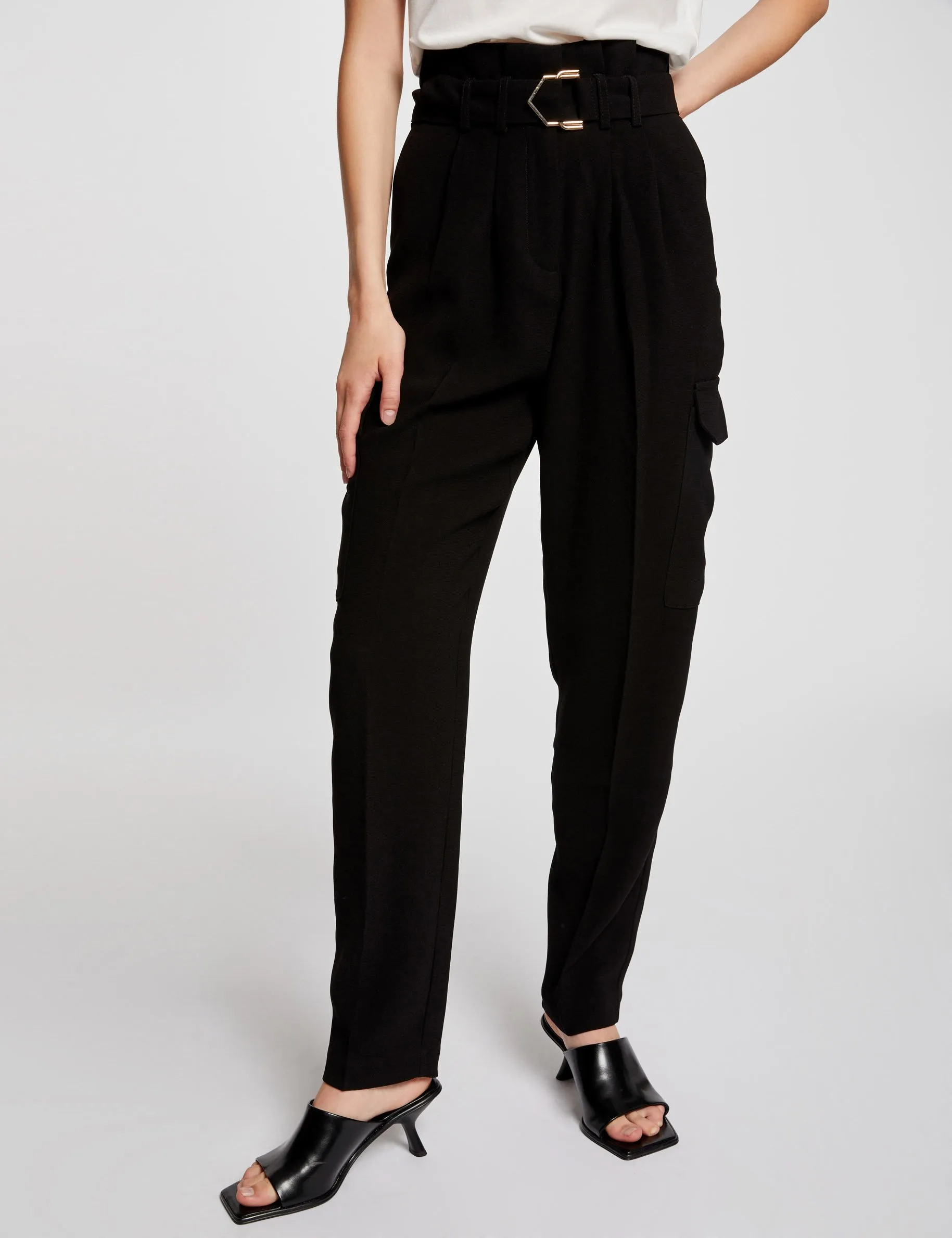 Belted peg trousers black women