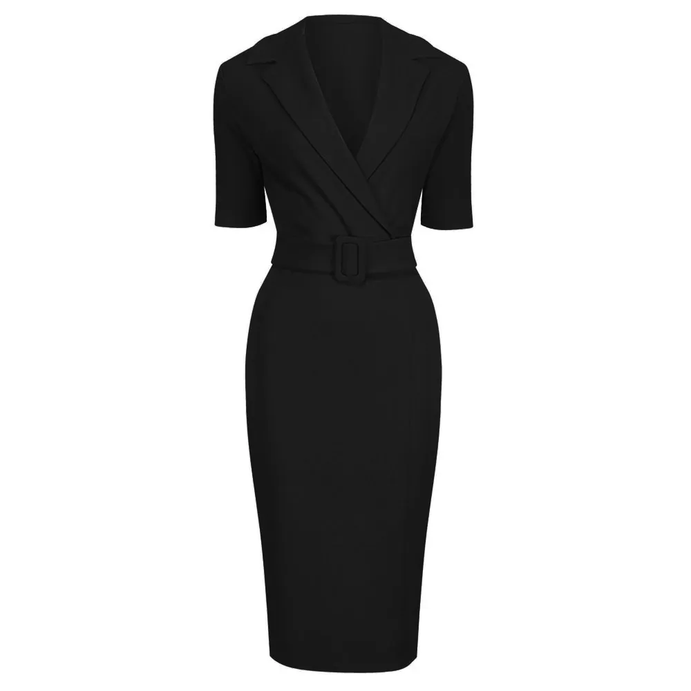 Black Belted Half Sleeve Collared Fitted Work Dress.