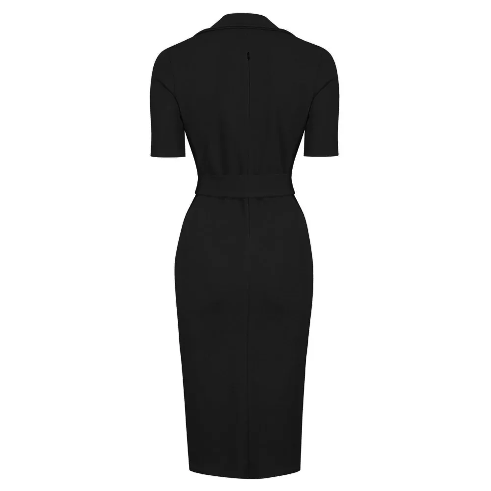 Black Belted Half Sleeve Collared Fitted Work Dress.