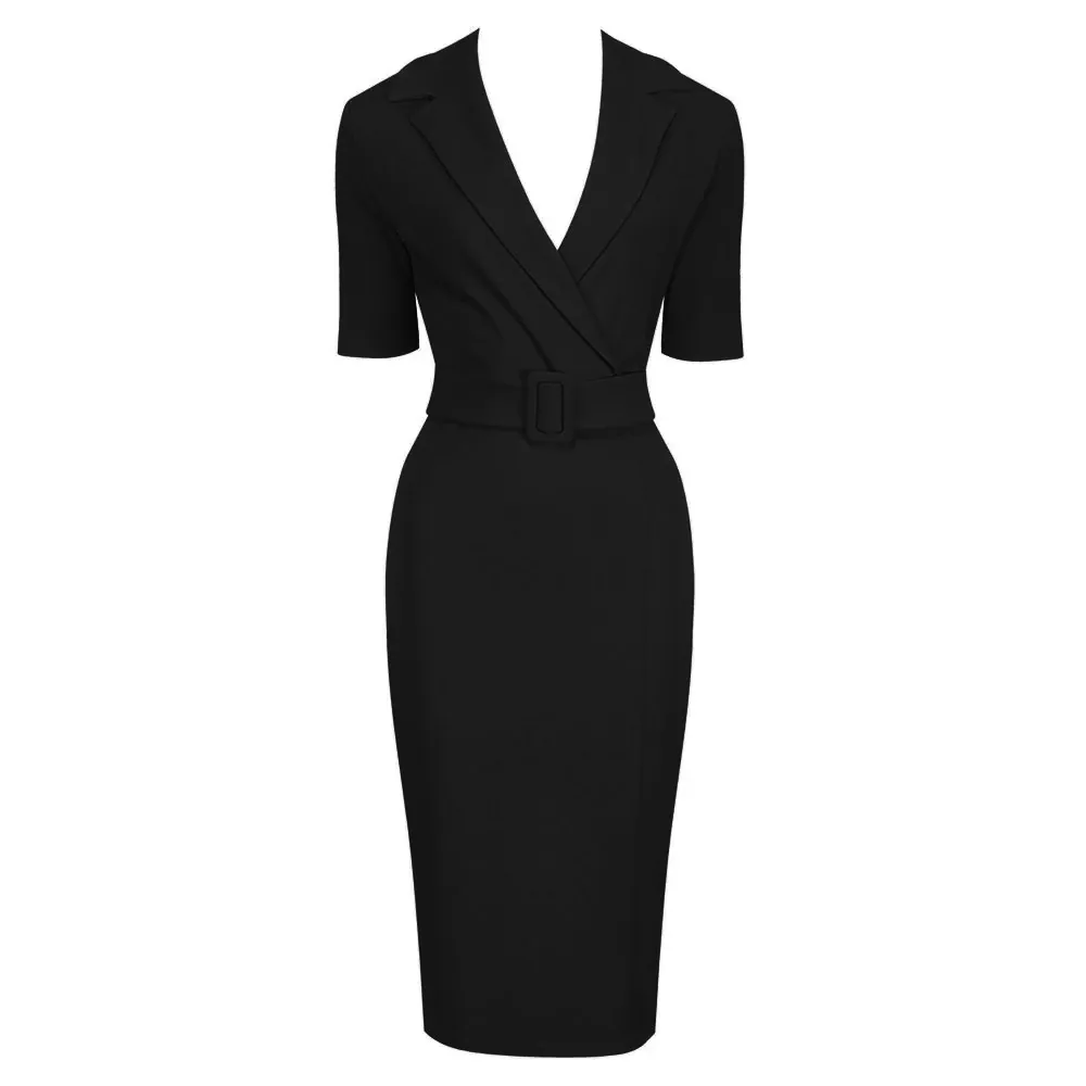 Black Belted Half Sleeve Collared Fitted Work Dress.