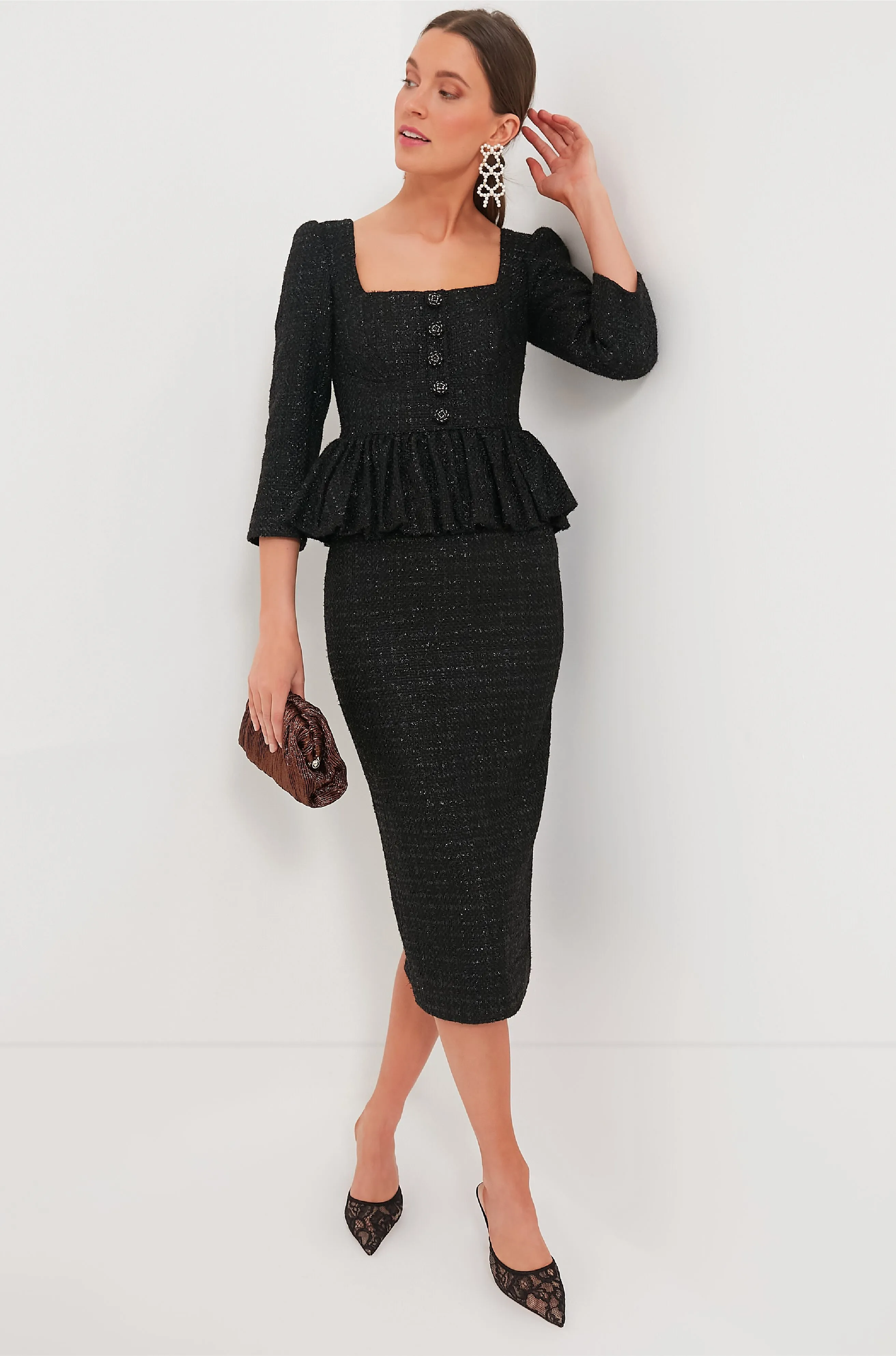 Black Boucle Peplum Midi Dress