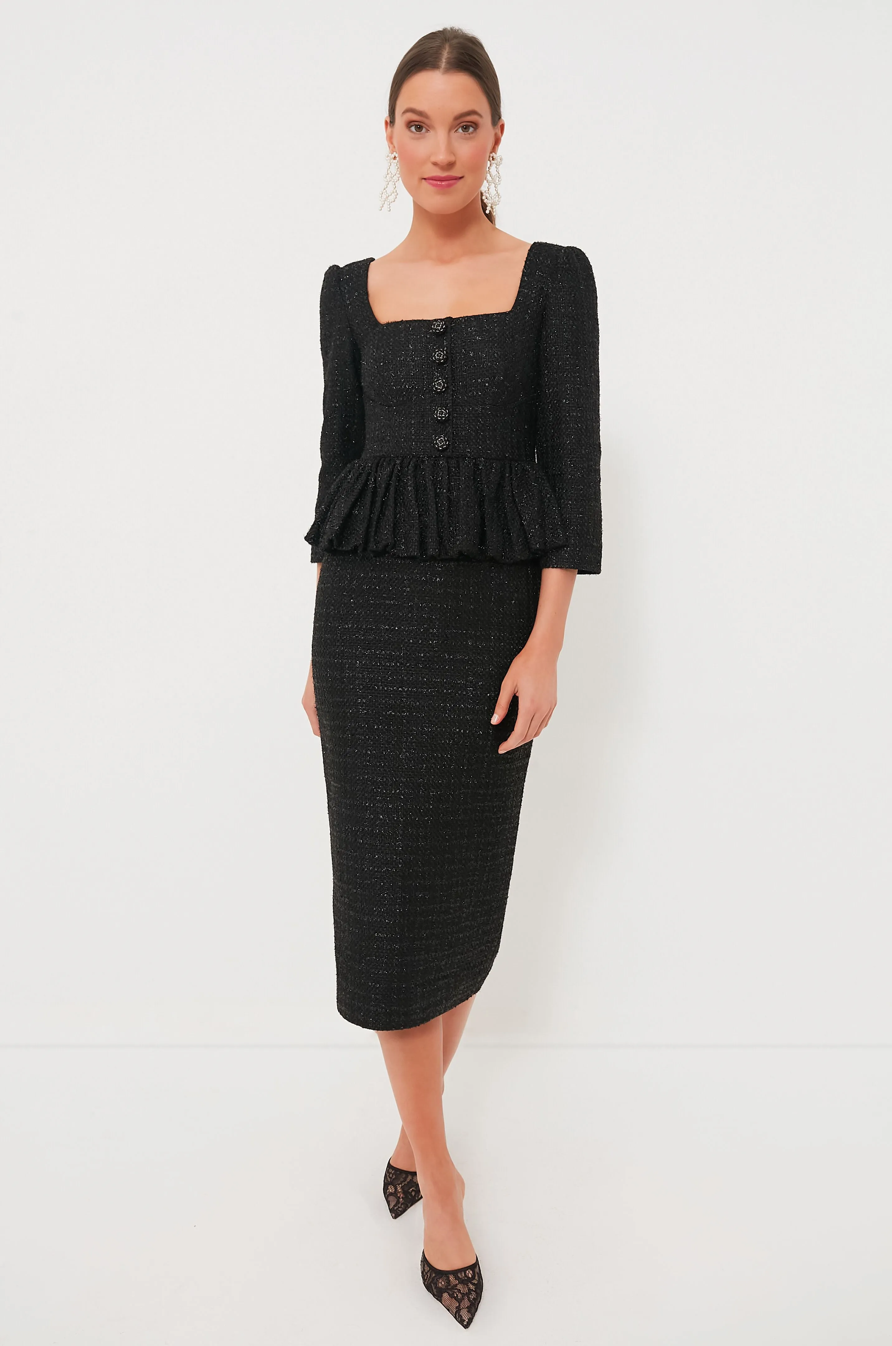 Black Boucle Peplum Midi Dress