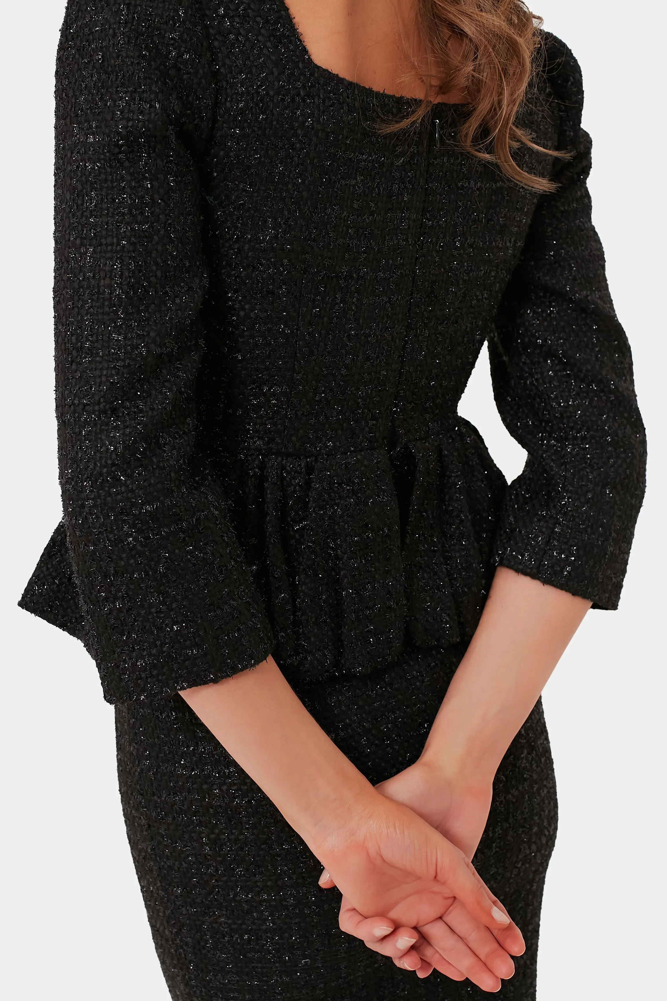 Black Boucle Peplum Midi Dress