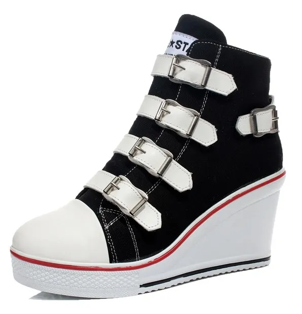 Black Canvas Buckle Strap Wedge Sneakers