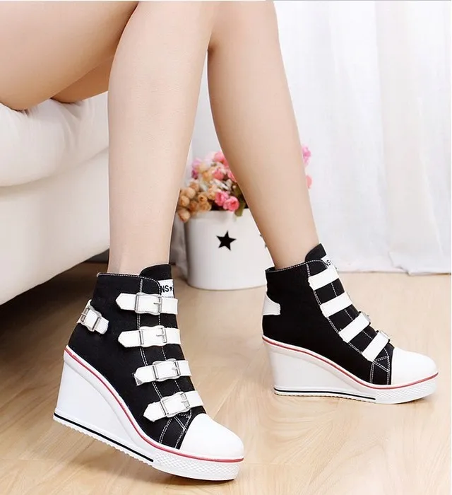 Black Canvas Buckle Strap Wedge Sneakers