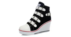 Black Canvas Buckle Strap Wedge Sneakers