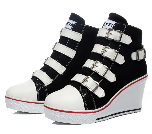 Black Canvas Buckle Strap Wedge Sneakers