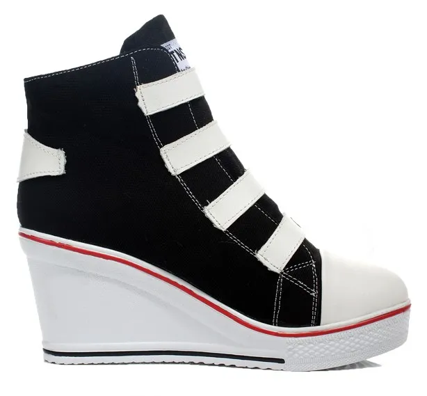 Black Canvas Buckle Strap Wedge Sneakers