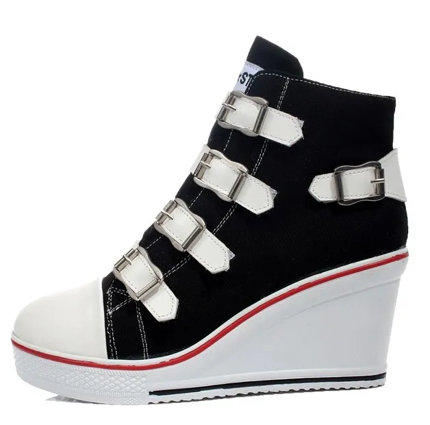 Black Canvas Buckle Strap Wedge Sneakers