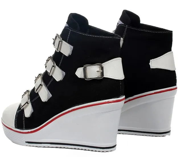 Black Canvas Buckle Strap Wedge Sneakers