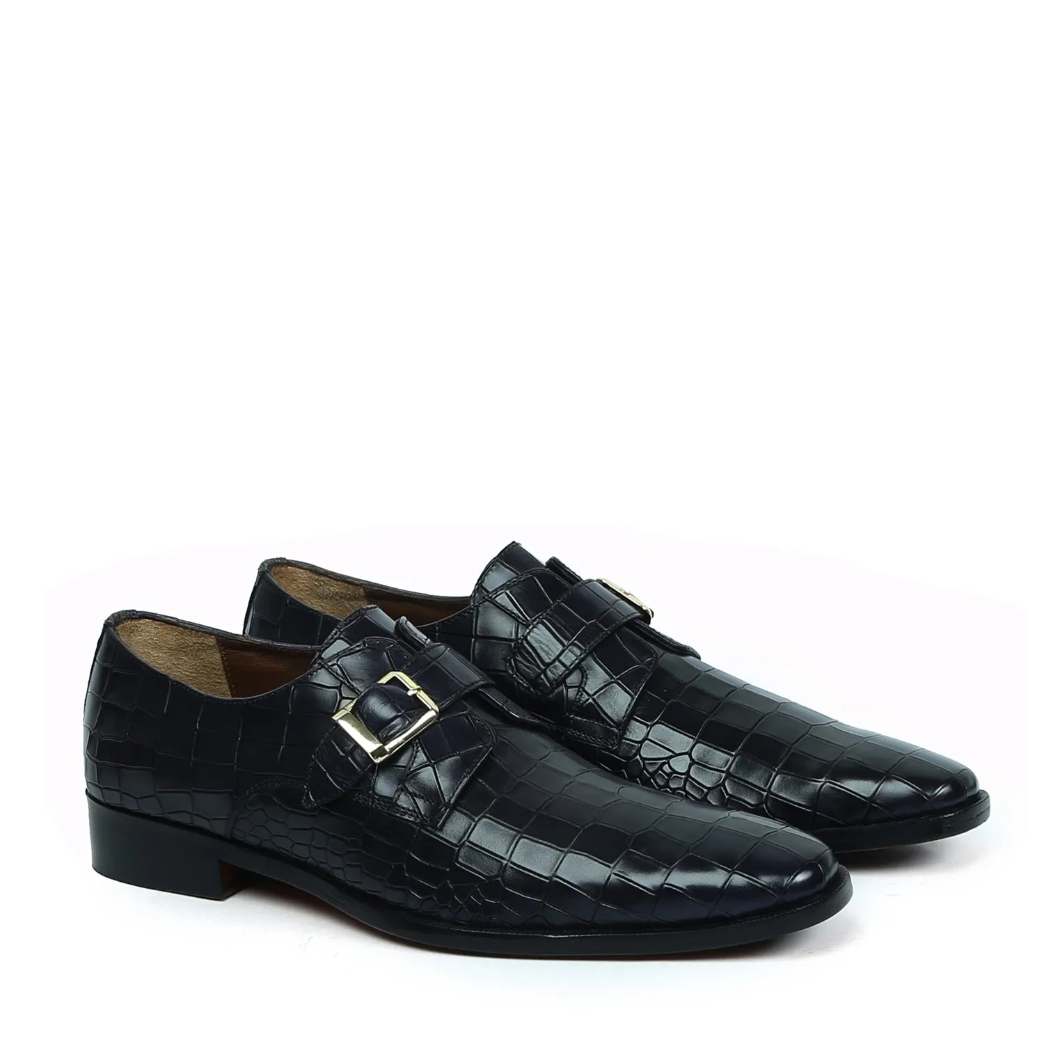 Black Deep Cut Leather Slant Toe Derby Monk Strap Shoes