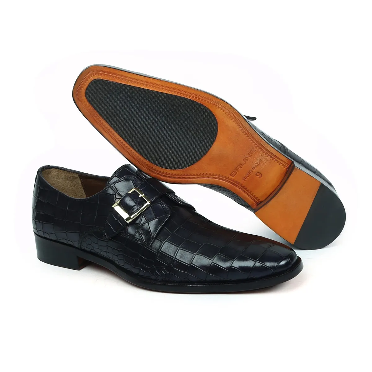 Black Deep Cut Leather Slant Toe Derby Monk Strap Shoes