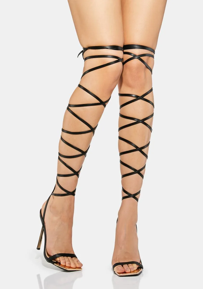 Black Demy Lace Up Stiletto Heels-