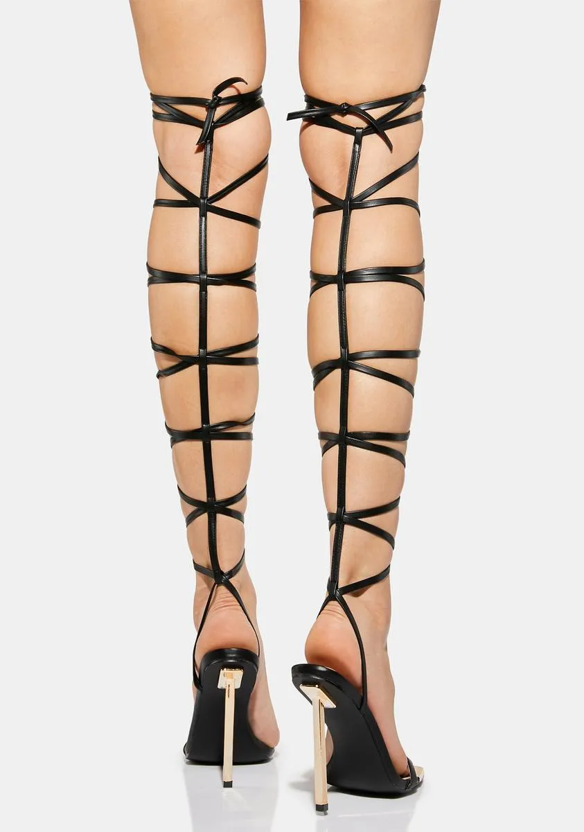 Black Demy Lace Up Stiletto Heels-