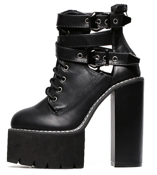 Black Gothic Straps Chunky Block Heel Boots