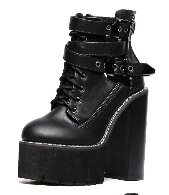 Black Gothic Straps Chunky Block Heel Boots