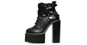 Black Gothic Straps Chunky Block Heel Boots