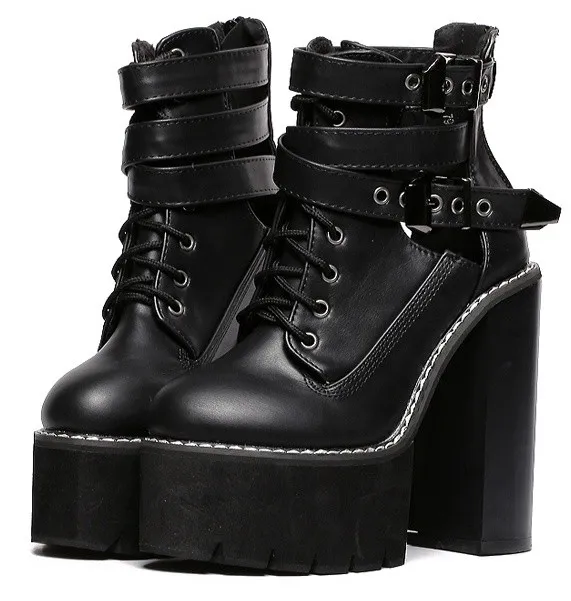 Black Gothic Straps Chunky Block Heel Boots