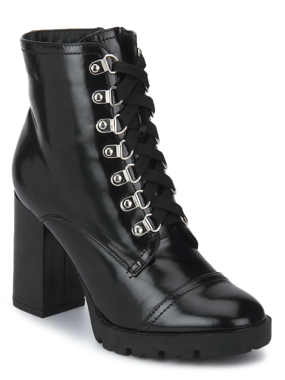 Black HiShine Block Heel Lace-Up Ankle Boots