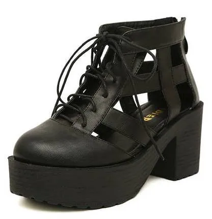 Women's Black Hollow Out Lace Up Chunky Heels Creepers Oxfords