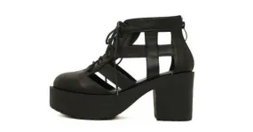 Women's Black Hollow Out Lace Up Chunky Heels Creepers Oxfords