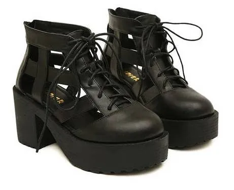 Women's Black Hollow Out Lace Up Chunky Heels Creepers Oxfords