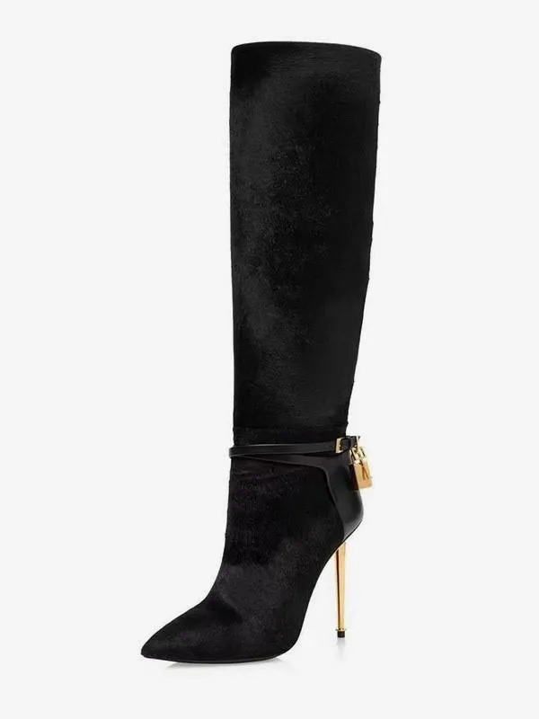 High Heel Lock Suede Black Knee-High Boots