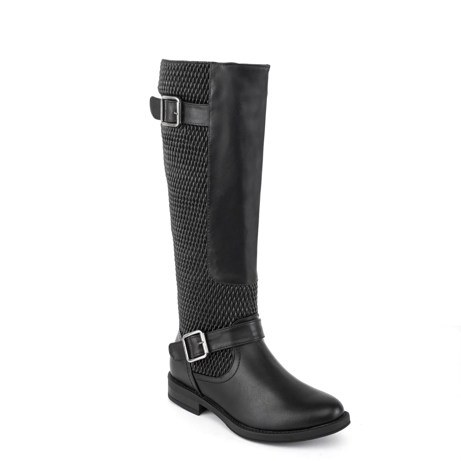 Black Knitted Buckle Calf Height Boots